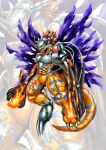  abs arm_cannon claws colored_skin digimon digimon_(creature) fire highres horns looking_at_viewer metalgreymon orange_hair orange_skin sawa_d solo torn_wings weapon wings 
