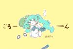  ... 1girl :3 ahoge bare_shoulders barefoot belt black_skirt black_sleeves blue_eyes blue_hair blue_necktie blush_stickers chibi collared_shirt detached_sleeves food-themed_pillow from_above full_body hair_ornament_removed hatsune_miku highres long_bangs long_hair long_sleeves looking_at_viewer loose_belt necktie number_tattoo object_hug pillow pillow_hug pleated_skirt sa-fu_(sfmk39) shirt sidelocks simple_background skirt sleeveless sleeveless_shirt solo spoken_ellipsis spring_onion tattoo thighhighs_removed twintails very_long_hair vocaloid white_shirt yellow_background 