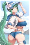  1girl absurdres adjusting_clothes adjusting_headwear alternate_costume ass breasts gonzarez green_eyes green_hair highres jacket large_breasts long_hair looking_at_viewer pneuma_(xenoblade) ponytail short_shorts shorts side_ponytail sideboob smile solo swimsuit thigh_pouch very_long_hair visor_cap white_jacket wristband xenoblade_chronicles_(series) xenoblade_chronicles_2 
