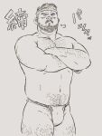  1boy abs arm_hair bara beard belly blush bulge chest_hair crossed_arms facial_hair feet_out_of_frame fundoshi greyscale hachimaki hairy headband highres holding_belly inu_yoshi_(neko_yoshi) japanese_clothes large_pectorals leg_hair male_focus mature_male monochrome muscular muscular_male mustache navel navel_hair nipples original pectorals plump short_hair sideburns solo standing stomach thick_eyebrows thick_thighs thighs topless_male traditional_media translation_request 