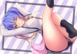  1girl arms_up ass black_panties black_socks blonde_hair blue_hair blush bow breasts clothes_around_waist commentary crossed_bangs eyelashes feet_out_of_frame foreshortening gradient_hair grin hair_between_eyes happy highres kneepits kohibari_kurumi large_breasts leg_up long_hair long_sleeves looking_at_viewer lying miniskirt multicolored_hair namiki_(namiki071897) no_shoes on_back one_eye_closed panties panty_peek pink_sweater plaid plaid_skirt purple_background shirt simple_background skirt smile socks solo striped striped_background suspender_skirt suspenders sweater teeth tenshi_souzou thighs twintails underwear wavy_hair white_shirt yellow_bow yellow_eyes 