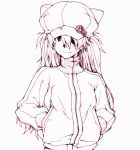  1girl animal_ear_headwear animal_hat closed_mouth eyepatch hands_in_pockets harukaze_koucha hat hat_pin jacket long_hair looking_at_viewer monochrome neon_genesis_evangelion rebuild_of_evangelion smile solo souryuu_asuka_langley track_jacket two_side_up 