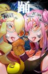  2girls blonde_hair boxing_gloves green_eyes hair_ornament highres hololive hololive_english iris_(tb33064667) looking_at_viewer milky_queen mori_calliope multiple_girls odo_(song) pink_hair scythe sticker sunglasses tank_top tongue tongue_out tongue_tattoo virtual_youtuber 