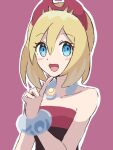  1girl bare_shoulders blue_eyes blush bracelet breasts haru_(haruxxe) irida_(pokemon) jewelry light_brown_hair looking_at_viewer medium_hair open_mouth outline pink_background pokemon pokemon_(game) pokemon_legends:_arceus simple_background sleeveless small_breasts solo upper_body white_outline 