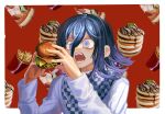  1boy black_hair blue_eyes border burger checkered_clothes checkered_scarf danganronpa_(series) danganronpa_v3:_killing_harmony flipped_hair foca_(sello20582612) food french_fries hair_between_eyes highres holding holding_food jacket long_sleeves male_focus multicolored_hair oma_kokichi open_mouth pancake pizza red_background scarf teeth two-tone_hair white_border white_jacket 