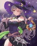  1girl absurdres angryforks bare_shoulders black_dress breasts cleavage closed_mouth corrin_(female)_(fire_emblem) corrin_(female)_(halloween)_(fire_emblem) corrin_(fire_emblem) crescent crescent_hat_ornament crossed_belts detached_sleeves dragonstone dress earrings fire_emblem fire_emblem_fates fire_emblem_heroes grey_hair halloween halloween_costume hand_on_own_chest hat hat_ornament highres jewelry lantern large_breasts long_hair long_sleeves looking_at_viewer off-shoulder_dress off_shoulder official_alternate_costume one_eye_closed pointy_ears red_eyes smile solo star_(symbol) witch witch_hat 