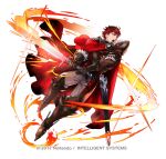  1boy armor belt black_gloves cape diamant_(fire_emblem) fire_emblem fire_emblem_engage fire_emblem_heroes full_body fur_trim furrowed_brow gloves high_collar holding holding_sword holding_weapon long_sleeves looking_to_the_side official_art open_mouth pants red_cape red_eyes red_hair short_hair shoulder_armor solo standing sword turtleneck watermark weapon white_background 