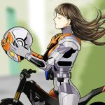  1girl 35-miya-7375 armor blurry blurry_background brown_hair closed_eyes day gloves helmet kamen_rider kamen_rider_01_(series) kamen_rider_valkyrie long_hair motor_vehicle motorcycle outdoors power_armor profile solo standing sweat tokusatsu unworn_headwear unworn_helmet white_gloves yaiba_yua 