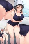  3girls aki_(girls_und_panzer) arms_under_breasts ass bare_legs black_one-piece_swimsuit blonde_hair blue_eyes blush bodypaint breasts brown_eyes brown_hair cleavage closed_mouth collarbone commentary_request covered_navel covered_nipples embarrassed girls_und_panzer hair_between_eyes highres leaning_forward looking_at_viewer medium_hair mika_(girls_und_panzer) mikko_(girls_und_panzer) multiple_girls multiple_views nakamura_yukitoshi old_school_swimsuit one-piece_swimsuit open_mouth painted_clothes pool pool_ladder poolside school_swimsuit short_hair sidelocks swimsuit thighs tulip_hat 