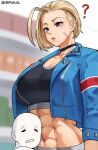  1boy 1girl ? abs absurdres blonde_hair blue_eyes breasts cammy_white choker cleavage cromwellb highres jacket muscular muscular_female open_clothes open_jacket street_fighter street_fighter_6 tank_top 