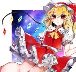  1girl blonde_hair bow circle_skirt closed_mouth clothes_lift collared_shirt crystal_wings feet_out_of_frame flandre_scarlet frilled_hat frilled_shirt_collar frilled_skirt frilled_sleeves frills hat hat_bow highres light_blush long_hair looking_at_viewer miniskirt mob_cap one-hour_drawing_challenge outstretched_arm pleated_skirt pointy_ears puffy_short_sleeves puffy_sleeves red_bow red_eyes red_skirt red_vest shirt short_sleeves side_ponytail skirt skirt_lift skirt_set sleeve_bow smile solo space star_(sky) suzune_hapinesu touhou vest white_background white_headwear white_shirt 