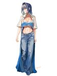  1girl bad_link blue_eyes blue_hair blue_shirt breasts cleavage collarbone denim hair_intakes highleg highleg_panties highres jeans large_breasts multicolored_hair navel open_clothes panties pants revealing_clothes santafe99 shirt short_hair short_sleeves simple_background solo stomach torn_clothes torn_jeans torn_pants twitter_username two-tone_hair underboob underwear virtual_youtuber white_background white_shirt 