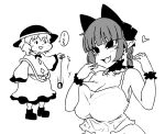  2girls blunt_bangs breasts cleavage commentary_request greyscale haseru_(ginku_mh) hat heart huge_breasts kaenbyou_rin komeiji_koishi monochrome multiple_girls shirt shoes short_hair simple_background skirt speech_bubble third_eye touhou translation_request 