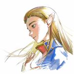  1girl aizheajsee blonde_hair bridal_gauntlets closed_mouth eyelashes floating_hair from_side green_eyes hair_slicked_back hand_up highres jewelry light_smile long_hair looking_ahead looking_at_viewer pointy_ears portrait princess_zelda profile ring simple_background smile solo the_legend_of_zelda the_legend_of_zelda:_breath_of_the_wild tiara white_background 