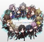  4girls 6+boys animal_ears bartz_klauser black_hair black_jacket blonde_hair blue_eyes brown_eyes brown_hair buster_sword cat_ears cat_tail cecil_harvey chibi clive_rosfield closed_eyes cloud_strife collared_shirt commentary_request copyright_name final_fantasy final_fantasy_i final_fantasy_ii final_fantasy_iii final_fantasy_iv final_fantasy_ix final_fantasy_v final_fantasy_vi final_fantasy_vii final_fantasy_viii final_fantasy_x final_fantasy_xi final_fantasy_xii final_fantasy_xiii final_fantasy_xiv final_fantasy_xv final_fantasy_xvi firion full_body fur-trimmed_jacket fur_trim green_hair grey_eyes grey_hair gunblade helmet high_ponytail highres holding holding_sword holding_weapon jacket lightning_farron long_hair looking_at_viewer medium_hair multiple_boys multiple_girls noctis_lucis_caelum one_eye_closed onion_knight oshibainoticket parted_bangs pink_hair purple_eyes red_armor red_headwear shantotto shirt short_hair spiked_hair squall_leonhart swept_bangs sword tail terra_branford tidus vaan warrior_of_light_(ff1) weapon white_shirt y&#039;shtola_rhul yellow_eyes zidane_tribal 