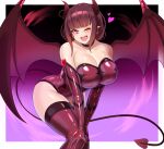  1girl ;d bat_wings black_horns black_tail breasts demon_girl demon_horns demon_tail demon_wings elbow_gloves fangs gloves heart highres horns ibusuki large_breasts looking_at_viewer one_eye_closed original pink_eyes pointy_ears smile solo tail wings 