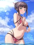  1girl alternate_hairstyle bikini bikini_top_aside black_hair blue_sky breasts cloud commentary_request finger_to_own_chin floral_print green_eyes hair_bun hair_ornament hair_stick hair_up highres kurosawa_dia long_hair looking_at_viewer love_live! love_live!_sunshine!! medium_breasts mobukichi mole mole_under_mouth multi-strapped_bikini multiple_bracelets navel ocean one_breast_out open_mouth partially_submerged print_bikini pulled_by_self red_bikini sidelocks sky solo sunlight swimsuit wet 