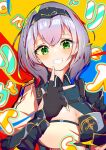  absurdres black_gloves braid breasts chilwell_seele cleavage cleavage_cutout clothing_cutout fingerless_gloves gloves green_eyes grey_hair hairband highres hololive large_breasts looking_at_viewer shirogane_noel shirogane_noel_(1st_costume) short_hair smile solo virtual_youtuber 