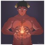  1boy :/ abs amaimao bara colored_skin completely_nude cowboy_shot demon_boy demon_horns fire hands_up highres horns large_pectorals male_focus muscular muscular_male navel navel_hair nipples nude original pectorals pyrokinesis red_skin short_hair solo thick_eyebrows upper_body 