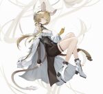  1girl absurdres animal_ears arknights bare_shoulders black_gloves blonde_hair boots breasts cleavage dorothy_(arknights) fingerless_gloves gloves high_heels highres long_hair looking_at_viewer mouse_ears roupo99 yellow_eyes yellow_gloves 