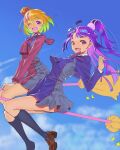  2girls ;d above_clouds asahina_mirai black_socks blonde_hair blue_dress blue_ribbon blue_sky bow broom broom_riding brown_footwear cloud commentary crescent day dress dress_shirt flying grey_dress hair_bow hair_ornament highres jj_(ssspulse) loafers long_hair long_sleeves looking_at_viewer lycoris_recoil lycoris_uniform mahou_girls_precure! multiple_girls neck_ribbon one_eye_closed one_side_up open_mouth outdoors pink_eyes pleated_dress pom_pom_(clothes) pom_pom_hair_ornament precure purple_eyes purple_hair red_bow red_dress red_ribbon ribbon shirt shoes short_dress short_hair sky smile socks star_(symbol) straight_hair two-tone_dress v_arms white_shirt 