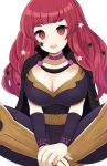  absurdres belt black_cape bodysuit breasts cape chest_strap choker cleavage clothing_cutout crossed_legs facial_mark fire_emblem fire_emblem_engage gold_belt hair_ornament highres kocha_(jgug7553) pink_choker purple_bodysuit red_hair side_cutout sitting star_(symbol) star_facial_mark star_hair_ornament yellow_belt yunaka_(fire_emblem) 