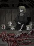  6+girls black_dress blonde_hair blood blood_stain bone corpse dark dress expressionless female_child flesh hair_bun hair_ornament hair_ribbon hairclip highres holding holding_knife horror_(theme) injury knife lktt looking_afar looking_at_another looking_to_the_side multiple_girls original pale_skin puffy_sleeves red_eyes ribbon short_hair sketch table wooden_table wrist_cutting 