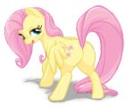 2013 blush butt cutie_mark equid equine female feral fluttershy_(mlp) friendship_is_magic furreon hasbro looking_at_viewer mammal mane my_little_pony narrowed_eyes open_mouth pegasus pink_mane signature solo standing wings yellow_body 