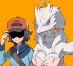 1boy 1girl aqua_eyes blue_jacket blush breasts brown_hair cleavage closed_mouth commentary drunkoak furry hand_on_headwear hand_up hat hilbert_(pokemon) jacket long_sleeves nervous_smile orange_background pokemon pokemon_(game) pokemon_bw red_headwear reshiram shaded_face short_hair simple_background smile tongue tongue_out upper_body zipper_pull_tab 