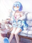  1girl absurdres ahoge blue_footwear blue_hair blue_jacket blush bob_cut breasts camisole character_doll character_hair_ornament cleavage closed_mouth coffee coffee_mug coffee_table commentary couch crossed_bangs cup daifuku_(yukihana_lamy) double-parted_bangs frilled_camisole frills fur-trimmed_jacket fur_trim hair_between_eyes hair_ornament hairclip heart heart_ahoge highres hinatan_(hinatan_krnk) hololive jacket large_breasts looking_at_viewer messy_hair mug multicolored_hair off_shoulder official_alternate_costume official_alternate_hair_length official_alternate_hairstyle on_couch pajamas partially_unzipped pointy_ears polka_dot_camisole short_hair single_bare_shoulder sitting sleepwear sleeves_past_fingers sleeves_past_wrists slippers smile solo streaked_hair striped striped_jacket table teapot virtual_youtuber white_camisole wooden_floor yellow_eyes yukihana_lamy yukihana_lamy_(4th_costume) yukimin_(yukihana_lamy) 