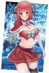  1girl :p alternate_costume arm_at_side belt black_belt black_ribbon black_thighhighs blue_eyes blunt_bangs blurry blurry_background blush bow breasts butterfly_hair_ornament capelet cleavage closed_mouth commentary_request cowboy_shot curvy eyelashes fur-trimmed_capelet fur_trim gift go-toubun_no_hanayome green_bow hair_ornament hair_ribbon hand_up highres holding holding_gift kakato_0 large_breasts looking_at_viewer medium_hair miniskirt nakano_nino navel night outdoors photo_background pleated_skirt pom_pom_(clothes) red_bow red_hair red_skirt ribbon santa_capelet single_thighhigh skirt smile solo standing stomach straight_hair thighhighs tongue tongue_out two_side_up white_fur white_wrist_cuffs winter 
