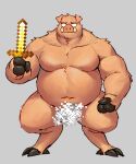  2023 anthro biped convenient_censorship digital_drawing_(artwork) digital_media_(artwork) fur hi_res holding_object holding_sword holding_weapon male mammal melee_weapon microsoft minecraft mojang musclegut navel papyuuno piglin simple_background solo standing suid suina sus_(pig) sword tusks weapon wild_boar xbox_game_studios 