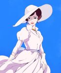  1girl blue_background brown_hair cowboy_shot dress earrings eyeshadow floating_clothes gina_(kurenai_no_buta) gloves hareko_sun hat highres jewelry kurenai_no_buta light_smile lipstick looking_at_viewer makeup necklace puffy_sleeves short_hair simple_background solo studio_ghibli sun_hat white_dress white_gloves 