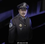  1boy absurdres black_jacket black_necktie blue_eyes brown_hair chinese_commentary cleft_chin commentary_request facial_hair hat highres jacket male_focus mustache necktie original police police_badge police_hat police_uniform policeman rui_li serious solo uniform upper_body watermark 