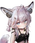  1girl ahoge animal_ear_fluff animal_ears arknights arm_up bikini black_bikini blue_eyes breasts earbuds earphones expressionless fox_ears fox_girl fox_tail grey_hair hair_ornament hairclip hand_in_own_hair headphones_for_animal_ears highres jewelry low_twintails nalphanne necklace short_hair short_twintails small_breasts solo sussurro_(arknights) sussurro_(summer_flower)_(arknights) swimsuit tail twintails upper_body 