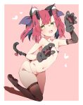  1girl absurdres animal_ear_fluff animal_ears animal_hands bad_id bad_pixiv_id bikini black_thighhighs blush bow cat_ears cat_paws cat_tail elbow_gloves flat_chest full_body gloves hair_bow heart highres horns kz_oji looking_at_viewer micro_bikini navel open_mouth original paw_gloves pink_bikini red_hair short_hair single_elbow_glove single_thighhigh skindentation slit_pupils smile solo swimsuit tail tail_bow tail_ornament thighhighs two-tone_background yellow_eyes 