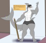  anthro big_butt bulge butt dialogue fish flat_colors great_white_shark hi_res holding_object john_(photolol.03) lamnid lamniform looking_up male marine muscular muscular_anthro muscular_male pencil_(object) photolol.03 pose shark simple_background solo spanish_text tattoo text thick_thighs wide_hips 
