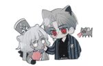 1boy 1girl animal_ears animalization black_gloves black_shirt blue_shirt cat cat_boy cat_ears cat_girl charon_(limbus_company) chewing chibi closed_mouth collared_shirt colored_skin commentary_request cotton_candy earrings food gloves grey_hair grey_jacket grey_skin hat holding holding_food jacket jewelry kemonomimi_mode korean_commentary limbus_company lm_(lc_goodgame) long_hair long_sleeves no_mouth no_nose open_clothes open_shirt parted_bangs project_moon red_eyes shirt short_hair simple_background single_earring striped striped_shirt vergilius_(project_moon) vertical-striped_shirt vertical_stripes white_background white_eyes 