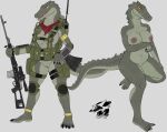  anthro backpack breasts clothed clothing crocodile crocodilian crocodylid derpwolfy18971 female genitals gun hi_res knee_pads multiple_poses neckerchief nipples nude plantigrade pose pouches pussy ranged_weapon reptile rifle scalie simple_background skimpy sniper_rifle solo standing svd weapon 