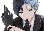  1boy adjusting_clothes adjusting_gloves aoyagi_touya biting black_gloves black_necktie blue_hair collared_shirt commentary_request dark_blue_hair earrings glove_biting gloves grey_eyes hands_up highres jewelry lapels long_hair mole mole_under_eye momiji_11_12 multicolored_hair necktie pov project_sekai shirt short_hair simple_background solo split-color_hair teeth two_side_up upper_body white_background zozotown 