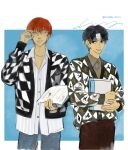  2boys adjusting_eyewear bandaged_head bandages black_eyes black_hair blue_background book brown_shirt checkered_clothes checkered_jacket chrollo_lucilfer collared_shirt cowboy_shot earrings glasses hair_between_eyes highres hisoka_morow holding holding_book hong_3740 hunter_x_hunter jacket jewelry long_sleeves looking_at_viewer male_focus multiple_boys open_clothes open_jacket red_hair shirt signature simple_background smile white-framed_eyewear white_shirt yellow_eyes 