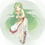  1girl bare_shoulders breasts commentary_request forehead_jewel full_body green_eyes green_hair grey_background jewelry kid_icarus kid_icarus_uprising laiku_n long_hair looking_at_viewer palutena pendant single_thighhigh sketch smile solo thighhighs very_long_hair 
