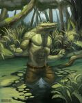  anthro buckovskiart crocodile crocodilian crocodylid forest hi_res male muscular muscular_anthro muscular_male partially_submerged plant presenting reptile scalie solo standing_in_water swamp tree 