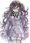  1girl black_hair blush breasts brown_eyes buttons checkered_clothes checkered_scarf cowboy_shot danganronpa_(series) danganronpa_v3:_killing_harmony double-breasted genderswap genderswap_(mtf) grey_background grey_jacket grey_skirt hair_between_eyes highres jacket long_hair long_sleeves medium_breasts messy_hair miniskirt multicolored_hair ohn_(hiyu194) oma_kokichi parted_lips purple_hair scarf sketch skirt solo teeth 