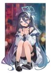  1girl absurdres aris_(blue_archive) bare_legs black_hair blue_archive blue_eyes blurry blurry_background blush double_v hair_between_eyes halo highres knees_up kurobi_(netisz) long_hair looking_at_viewer one_side_up shoes smile sneakers solo v very_long_hair 