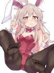  1girl ahoge animal_ears black_pantyhose blush bow bowtie breasts covered_navel detached_collar fake_animal_ears feet genderswap genderswap_(mtf) highres kurogane_vipers leotard looking_at_viewer neckerchief no_shoes onii-chan_wa_oshimai! orange_eyes oyama_mahiro pantyhose pink_hair playboy_bunny rabbit_ears simple_background small_breasts soles solo strapless strapless_leotard sweatdrop toes v wavy_mouth white_background wrist_cuffs 