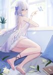  1girl angel angel_wings barefoot blue_bow blue_butterfly blue_eyes book bow bug butterfly choker dress enokitake flower hair_between_eyes hair_bow highres indoors long_hair original parted_lips pillow purple_choker soles solo white_dress white_flower white_hair wings 