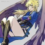  1girl absurdres blonde_hair breasts breath_of_fire breath_of_fire_ii dress feathered_wings feet_out_of_frame green_eyes highres long_hair looking_at_viewer nina_(breath_of_fire_ii) purple_wings sassa_(cb) side_slit simple_background solo white_background wings 