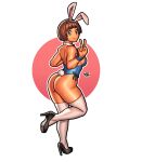  1girl alternate_costume animal_ears ass blue_leotard breasts brown_eyes brown_hair bunny_day closed_mouth commentary detached_collar fake_animal_ears from_behind full_body high_heels highres kill_la_kill leotard looking_at_viewer mankanshoku_mako playboy_bunny rabbit_ears rabbit_tail short_hair sideboob smile solo strapless strapless_leotard tail thick_thighs thighs v vj99 wrist_cuffs 