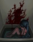  1girl absurdres bathtub blood blood_on_wall blood_splatter blue_hair commentary completely_nude covering_face crying diffraction_spikes dripping floating_hair from_above from_side hands_up hatsune_miku highres indoors knees_up long_hair namida_(vocaloid) nude number_tattoo partially_submerged razor_blade self_harm shoulder_tattoo sitting solo tattoo tears twintails very_long_hair vocaloid water wrist_cutting yakito_lulu 